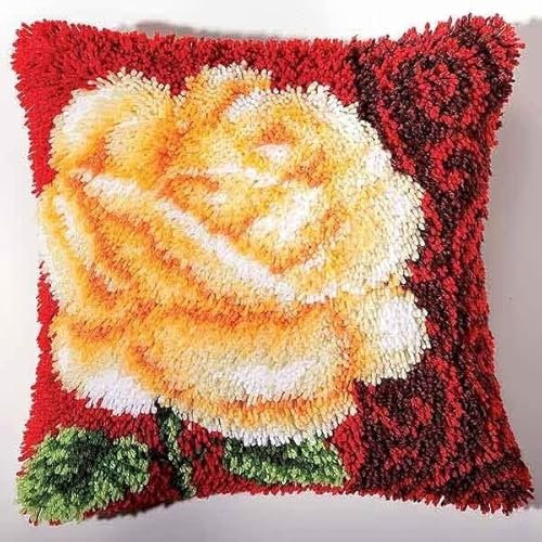 ROCKY&CHAO Tapis à nouer soi-même - Avec taie d'oreiller - 43 x 43 cm - Pour adultes et enfants - Accessoire de maison - Rose jaune