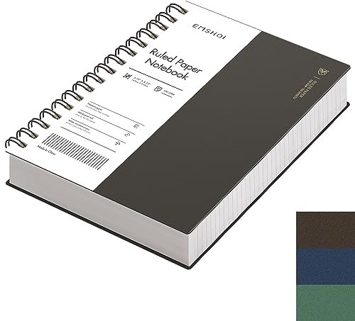 EMSHOI A5 Notebook College Ruled, Spiral Notepad 150 Sheets/300 Pages, 100gsm, PVC Cover, Sticky Notes, Pocket, Pen Loop, Ruler, Bookmark, Lined Journal for Women Men Writing, 14.5 x 21cm, Coffee