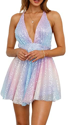 Mini robe à franges scintillantes avec col en V profond et paillettes spaghetti pour femme, N-multicolore, L