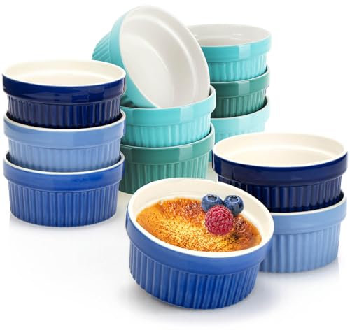 COM-FOUR® 12x moldes para soufflé - tazones de cerámica creme brulee - moldes aptos para horno - tazones de postre y moldes para pastel para ragout fin - 200 ml c/u - en tonos azul y verde