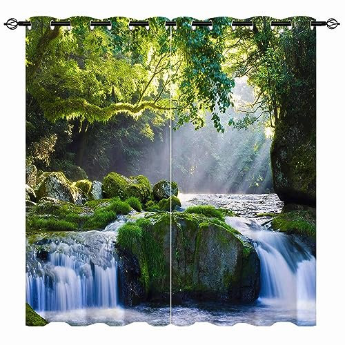 YUANZU Wasserfall Vorhänge Natur Tropischer Wald Bäume Gras Ösen Gardinen mit Blickdichte Vorhang Kälteschutz Blackout Curtain Wohnzimmer Schlafzimmer Verdunkelung Fenster, 2 Stück, H 245 x B 200 cm