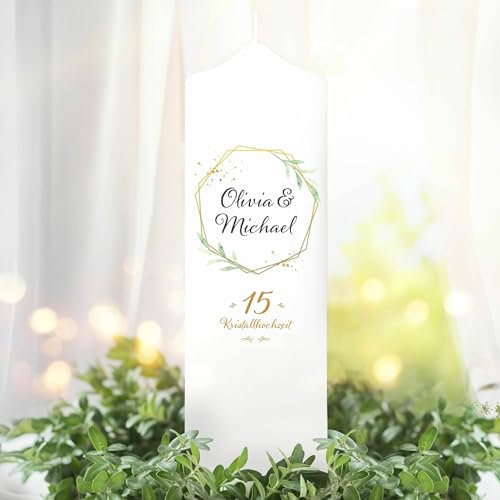 Weiße Hochzeitskerze Kristallhochzeit geometrischer Rahmen mit Blättern personalisiert Hochzeitsgeschenk Spruch, Valentinstagsgeschenk, Hochzeitskerze