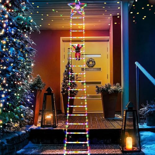 SKJJL LED Weihnachtsmann Leiter, 75cm Weihnachtsmann Leiter Außen, Weihnachtsmann Deko Draußen,Weihnachtsdeko Aussen,Weihnachtsmann auf Leiter Weihnachtsdeko Outdoor für Fenster Veranda Weihnachtsbaum