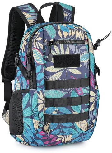 HUNTVP 12L Mini Rucksack Taktisch Wanderrucksack Molle Schultasche Wasserabweisend Daypack Militärisch Schulrucksack Studenttasche Unitasche Sporttasche Laptoptasche,12L-Blau Blatt Camo