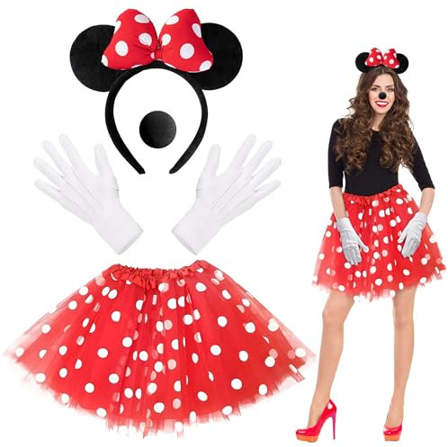 Orgoue 4PCS Mini Mouse Costume Accessories, Mouse Costume Adult Women Girls Mouse Costume Kit Mouse Ears Headband Red Polka Dot Tutu Mouse Ears Headband Nose for Halloween Dress up Party