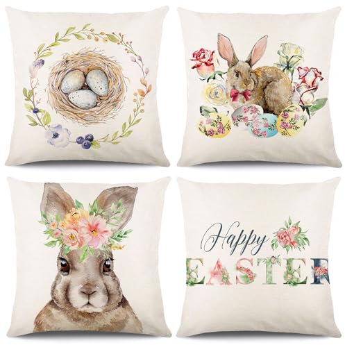 KIKISML 4 Stück Ostern Kissenbezug, Baumwolle Leinen Drucken Ostern Zierkissenbezüge 45x45cm, Ostern Kissenbezüge, Happy Easter Zierkissenbezug, Sofa Kissen Osterdeko (Hasen)