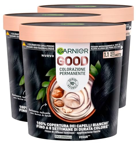 Garnier Good Permanente Haarfarbe, für bis zu 8 Wochen, brillante und leuchtende Farbe, deckt 100 % weißes Haar ab, vegane Formel ohne Ammoniak, 1,1 Mitternachtsschwarz – 3 Packungen