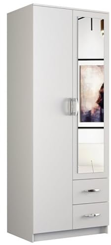 roe furniture Kleiderschrank mit Spiegel Schrank mit Schubladen - Flurgarderobe - Garderobe - Schrank Schlafzimmer - Clothes Rack - Garderobenschrank - Weiß - 80 cm Breite