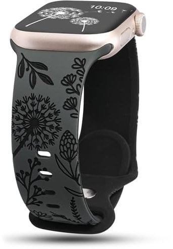 Wearlizer Floral Engraved Strap Compatible with Apple Watch Band 45mm 44mm 42mm 49mm Women, Two-Tone Flower Soft Silicone Sport Strap for iWatch Series 9 8 7 6 5 4 3 2 1 SE Ultra Coal Black/Black