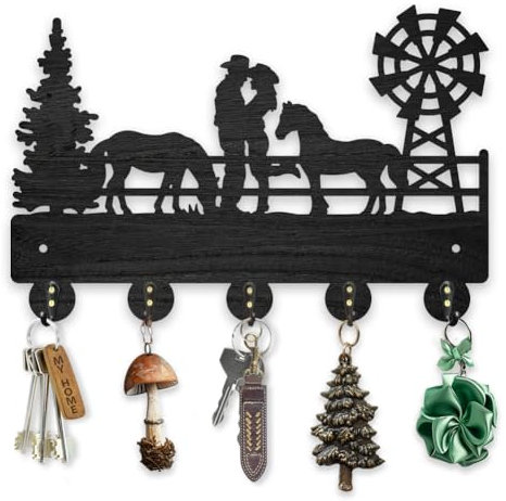 MAYJOYDIY Kleiderhaken Aus Holz Mit Cowboy Pferdemotiv Bauernhaus Cowgirl Windmühle Schlüsselhalter Für Die Wand 30×20cm Schwarzer Schlüsselhalter 5 Legierung Haken Für Geschenk Schlafzimmer Küche