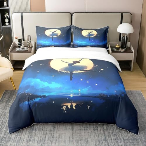 Loussiesd Jungen Mädchen Galaxy 100% Baumwolle Bettwäsche Set 135x200cm Glitter Bettbezug Set Moon Star Drucken Betten Set Kinder Ballett Bettwäsche-Set Reißverschluss