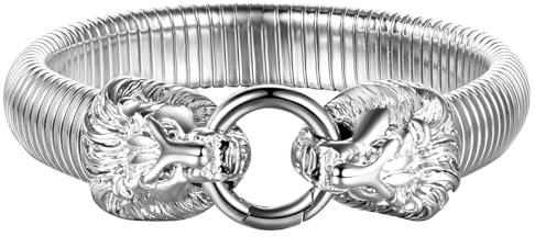 JewelryWe Löwe Armband Herren Armreif: Silber Edelstahl Gegenüber Löwenkopf Elastisch Armspange Manschette Stretch Armband mit O-Ring Kreis Gothic Punk Biker Schmuck Geschenk für Männer Frauen