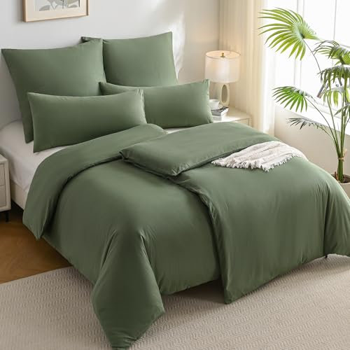 JELLYMONI Bettwäsche 135x200 Baumwolle 4-Teilig Bettwäsche-Sets Grün Oeko-Tex 100% Gewaschene Baumwolle 2 Bettbezüge mit Reißverschluss und 2 Kissenbezüge 40X80 mit Umschlag Weich 4tlg. Bettwäsche