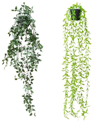 HTTYHT Artificial Plants Monstera Leaves Hanging Artificial Plants 2 Pack (Hanging Artificial Plants Pot)