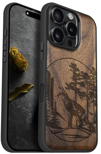 Carveit Holz Cover für iPhone 16 Pro Handyhulle kompatibel MagSafe Massivholz für Apple 16 Pro Handyhülle Stoßstange Weich TPU hulle(Nussbaum-Fuchs und Wälder)