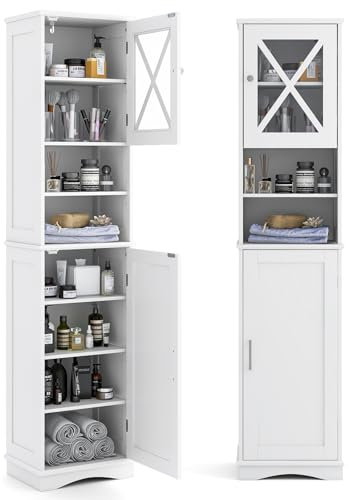 COSTWAY Bathroom Tall Cabinet, Freestanding Storage Cupboard with 5 Adjustable Shelves and 2 Doors, Wooden Tall Narrow Slim Bathroom Unit Floor Cabinet for Living Room Hallway, 40x30x170cm (White)