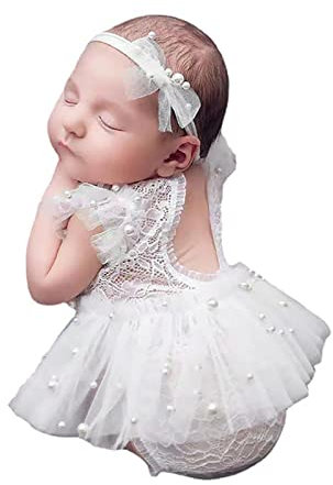 Petyoung Newborn Baby Photography Prop Outfits, Baby Girl Lace Romper Outfits with Skirt Headband