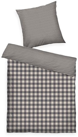 TOM TAILOR Flanell-Bettwäsche, 80x80 cm + 155x220 cm, 100% Baumwolle/Flanell, Mit Wendemotiv und farbigem Markenreißverschluss, Classic Check Grau, Beige (Anthracite & Sunny Sand)