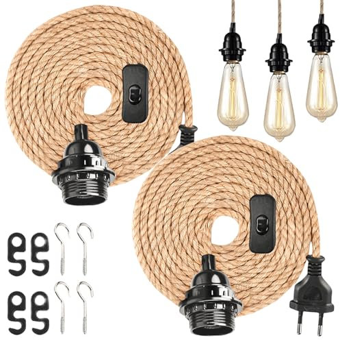 2 lampadari a sospensione con interruttore e spina, portalampada E27, 4,5 m, corda di canapa, vintage, cavo per lampada, lampada a sospensione fai da te, lampada a sospensione per magazzino Farmhouse