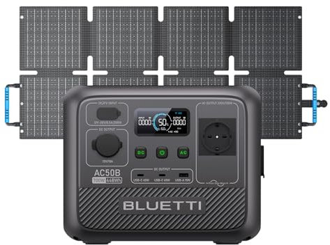 BLUETTI AC50B Generador Solar con 60W Panel Solar, 448Wh Batería LiFePO4, 700W Salida de CA (1000W Power Lifting), Salida PD USB-C de 65W, para Acampar, Emergencias, Viajes