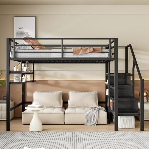 Kebnor Hochbett, 140 * 200cm, Einlegeböden, Stauraumleiter, Freiraum unter dem Bett zum Verkleiden, Geländer,（ohne Matratze） (Schwarz)