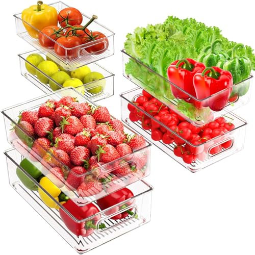6Pcs 3 Sizes Fridge Storage Organiser Built-in Handle, Clear Stackable Refrigerator Organisers Boxes Bins, Transparent Container for Kitchen, Pantry, Cabinets, Cosmetics, Drawer, Cupboard