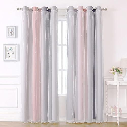 KAHEAUM Rideaux Chambre,Lot de 2 Rideau Occultant Thermique avec Voilage Double Draperies Motif d'Etoiles Perforée à Oeillets Décoration de Fenêtre Maison pour Fille Enfant,L132 x H213 cm,Rose Gris