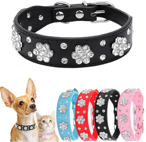 Bling Diamond Hundehalsband für kleine Hunde, funkelndes Leder, Haustierhalsband für Mädchen, Damen, Strass, Kristall, Glitzer für XS, kleine, mittelgroße Hunde (Schwarz, M)