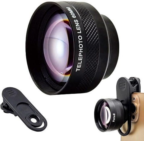 FotoZ Lente teleobjetivo de 60 mm con clip de lente de teléfono de rosca de 17 mm para iPhone y Samsung Galaxy y la mayoría de teléfonos inteligentes, compatible con funda SmallRig iPhone Samsung
