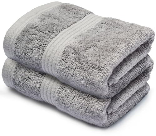 Makooz Luxurious Bamboo Hand Towels for Bathroom Pack of 2 – 700 GSM Bamboo & Egyptian Cotton 50/50 Blend - Ultra Silky Soft, Quick Dry, Absorbent, Premium Plush Bath Guest Towel Set - Grey 50x85 CM