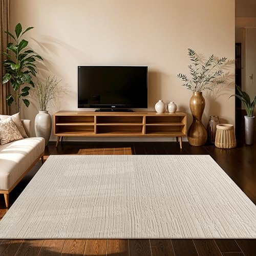 Paco Home Teppich Wohnzimmer Schlafzimmer moderner Kurzflor Abstrakte Organische Geometrische Designs Japandi Stil 3D Effekt hochwertig weich, Farbe:Creme (Linien), Grösse:200x280 cm