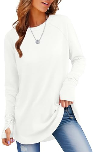 Rapbin Womens Casual Long Sleeve Loose Tee Tops Ladies Round Neck Comfy T Shirt Curved Hem Tunic Shirts White-M(UK 12-14)