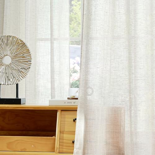 KGORGE Leinen Vorhang 200cm Lang Wohnzimmer Gardinen Halbtransparent Ösen | Elfenbein, 2er Set, H200 x B140 cm, Boho Gardinen Leinenoptik, Leinenvorhang Landhaus Schlafzimmer, Linen Curtains
