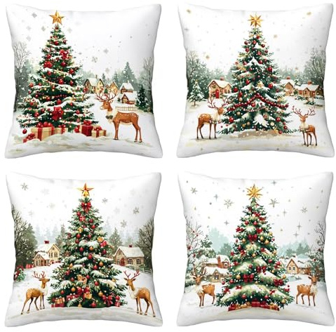 Kissenbezug 35x35 Weihnachten 4er Set Samt Kissenbezüge Reh Zierkissenbezug Kissenhülle Dekorative Weiche Quadratische Dekokissenbezug Sofakissenbezug Couchkissen für Deko Schlafzimmer Wohnzimmer W-23