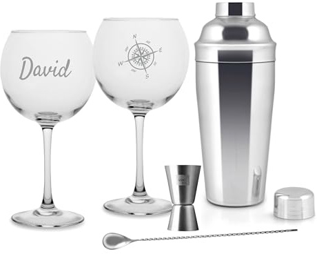 Set di Bicchieri da Gin Tonic personalizzati con Jigger, Shaker e bar spoon per barman. Calice da cocktail, inciso al laser, 580 ml, set personalizzabile con nome, iniziali e data (SET COCKTAIL)