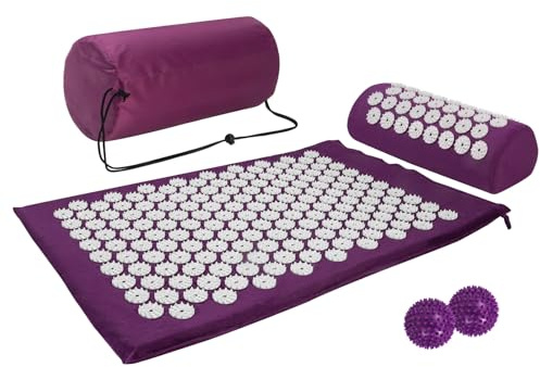 Acupressure Mat, Acupuncture Mat, Massage Mat and Pillow Set with 2pcs Massage Balls, Relieving Neck and Back Pain, Muscle Relaxation and Stress Reduction, Sciatica Relief, Carry a Handbag, Purple
