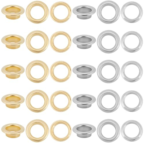 GORGECRAFT 200 kit D'Œillets à Œillets Trou de 10mm Métal Argenté Doré Œillets Rapides avec Rondelles Œillet Auto Adhésif en Fer pour la Réparation de Perles Cuir Toile Vêtements Chaussures Bricolage