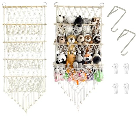 Hocadrv Kuscheltier Aufbewahrung Netz Stofftier Aufbewahrung mit Netztasche | Kuscheltier Lagerung Hängende Tasche Boho Spielzeug Netz für Schlafzimmer(Beige, 110 x 42 CM)