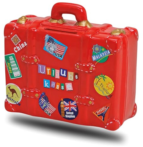 Spardose aus Keramik Urlaubskasse Koffer Rechteckige Sparbüchse abschliessbar mit Schlüssel, Motive auf Vorder- und Rückseite (LxBxH) 14,0 x 6,0 x 13,0cm