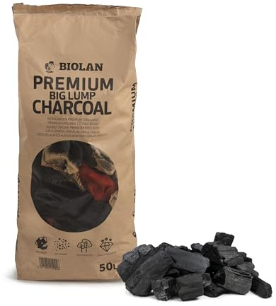 Biolan Charbon de barbecue de qualité supérieure - 50 l (environ 6 à 6,5 kg) - Grands morceaux de 50 à 120 mm - Qualité restaurant - 100 % bois dur - Longue durée de combustion - Produit durable