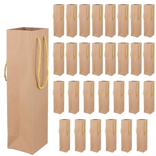MANCHAP 30 Pcs Kraft Paper Wine Bag, Brown Single Bottle Gift Bag with Handles for Party, Wedding, DIY Craft, 9 x 9.5 x 35cm