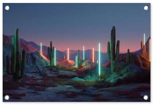 MuchoWow© Décoration Jardin 60x40 cm Bâche Décorative Posters Décoratifs Decoration Balcon Affiche Extérieur Déco Appartement Deco Exterieur Cactus - Piliers lumière - Coucher Soleil