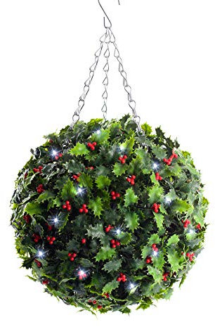 Best Artificial 28cm Pre Lit Christmas Holly Topiary Ball Battery Operated with Timer Outdoor