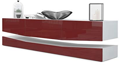 Vladon Lowboard City, Made in Germany, TV-Kommode mit Sockelelement, 1 offenem Fach und 3 Schubkästen, Weiß matt/Bordeaux Hochglanz (178 x variabel x 39 cm)