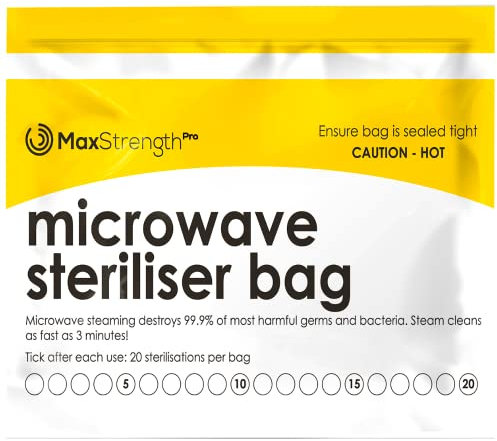 Max Strength Pro Microwave Steam Sterilizer Bags 20pc for Baby Bottles, Soothers, Teethers, Breast Pump Parts, Training Cups, Accessories, Reusable Large Bags, 20 Uses Per Bag, Easy Tracking System