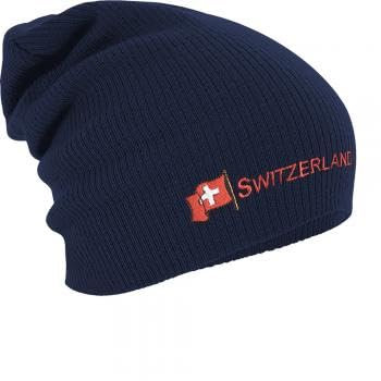 Longbeanie Slouch-Beanie Mütze Schweiz mit Fahne 54599 Farbe Navy