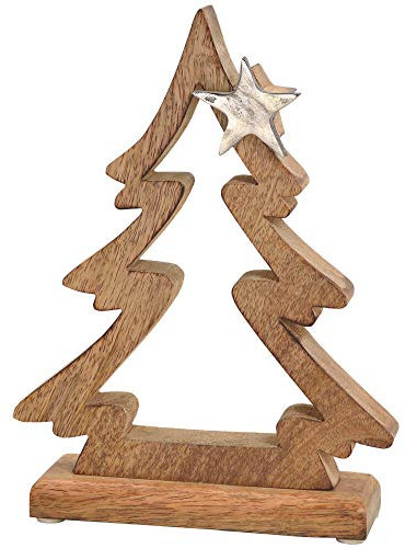 matches21 Tannenbaum & Stern Dekofigur Weihnachtsdeko Holz & Metall Figur Weihnachten Silber/braun 1 STK 17x23 cm