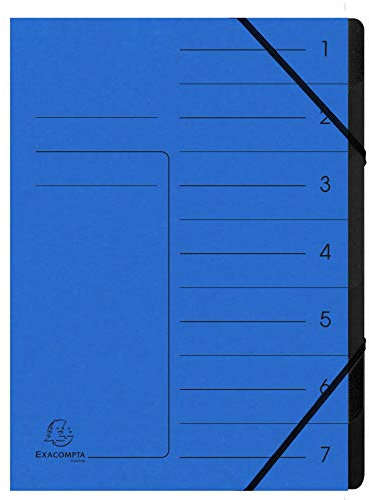 Exacompta 540702E Premium Ordnungsmappe geheftet. Aus extra starkem Colorspan-Karton DIN A4 7 schwarze Fächer und 2 Gummizüge mit Organisationsdruck Ringmappe Register-Mappe blau
