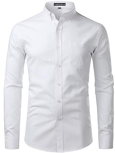 PARKLEES Men's Slim Fit Long Sleeve Smart Casual Button Down Oxford Shirts PZ111 White M