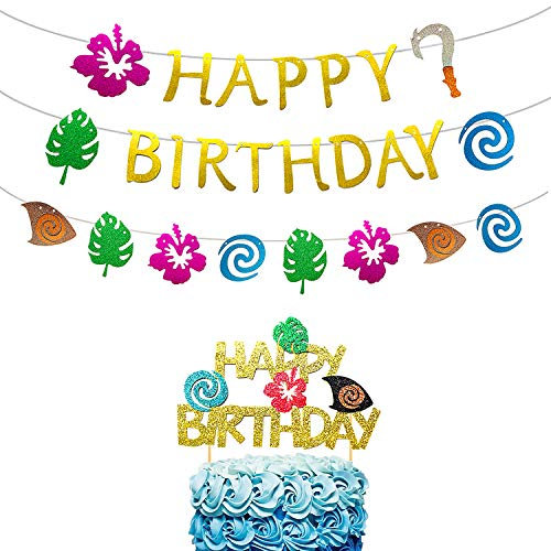JeVenis Glittery Moana Birthday Banner and Cake Topper - Moana Birthday Party Decoration for Tropical Luau Summer Party